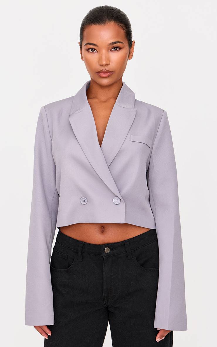 Gris Blazer Court Tissé Avec Épaulettes