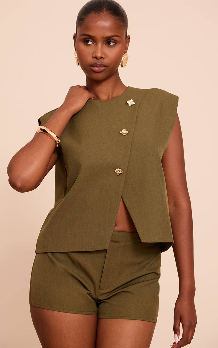 Kaki Ensemble Coordonné Gilet Oversize À Passepoil Doré