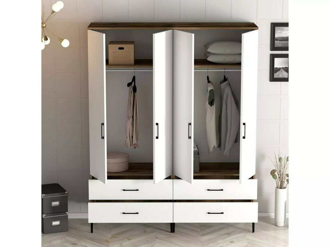 Grande Garde-robe Dfurlott, Meubles de chambre, Penderie de plain-pied, Placard à vêtements, 160x201h48 cm, Noyer et Blanc