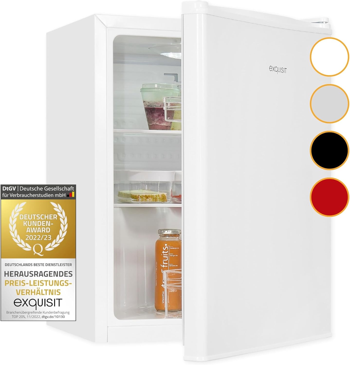 Exquisit Mini Kühlschrank KB60-V-090E weiss | 52 l Nutzinhalt | LED-Innenbeleuchtung | Glasablagen | 45cm Breite