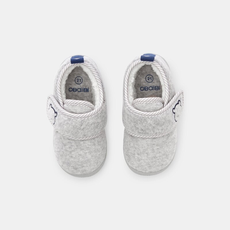Chaussons chauds velours broderie ourson gris bébé garçon Gris ou noir