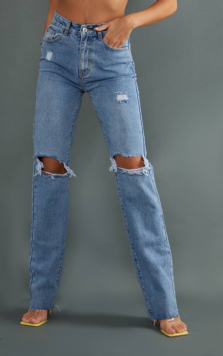 Mid Blue Wash Prettylittlething Tall Jean Droit Taille Mi-haute Jambe Longue Déchiré