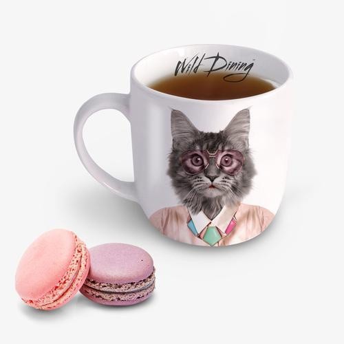 Caneca com estampa de gato Caudania, estilo casual e descontraído, branca.