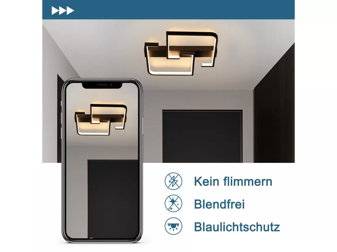 NETTLIFE Plafonnier LED Plafonnier Noir 19W 30CM Moderne Blanc Chaud 3000K Design Géométrique