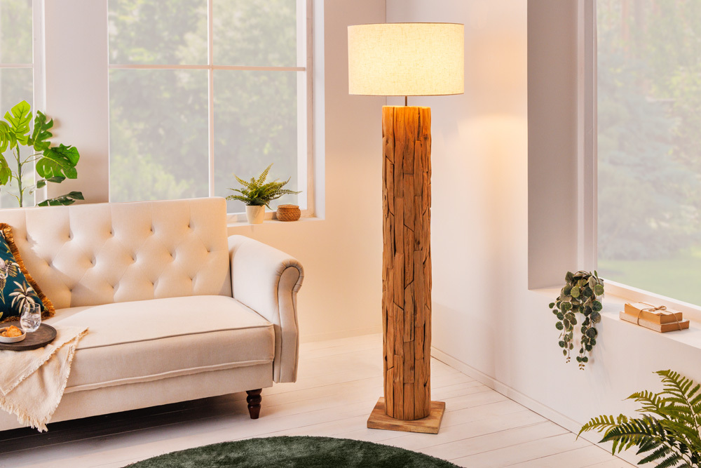 Design Stehlampe ROOTS 160cm Treibholz Leinenschirm beige handmade