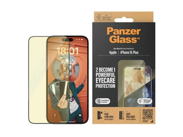 PanzerGlass™ | Ultra-Wide Fit - Skærmbeskyttelse til mobiltelefon - EyeCare Protection | Apple iPhone 15 Plus