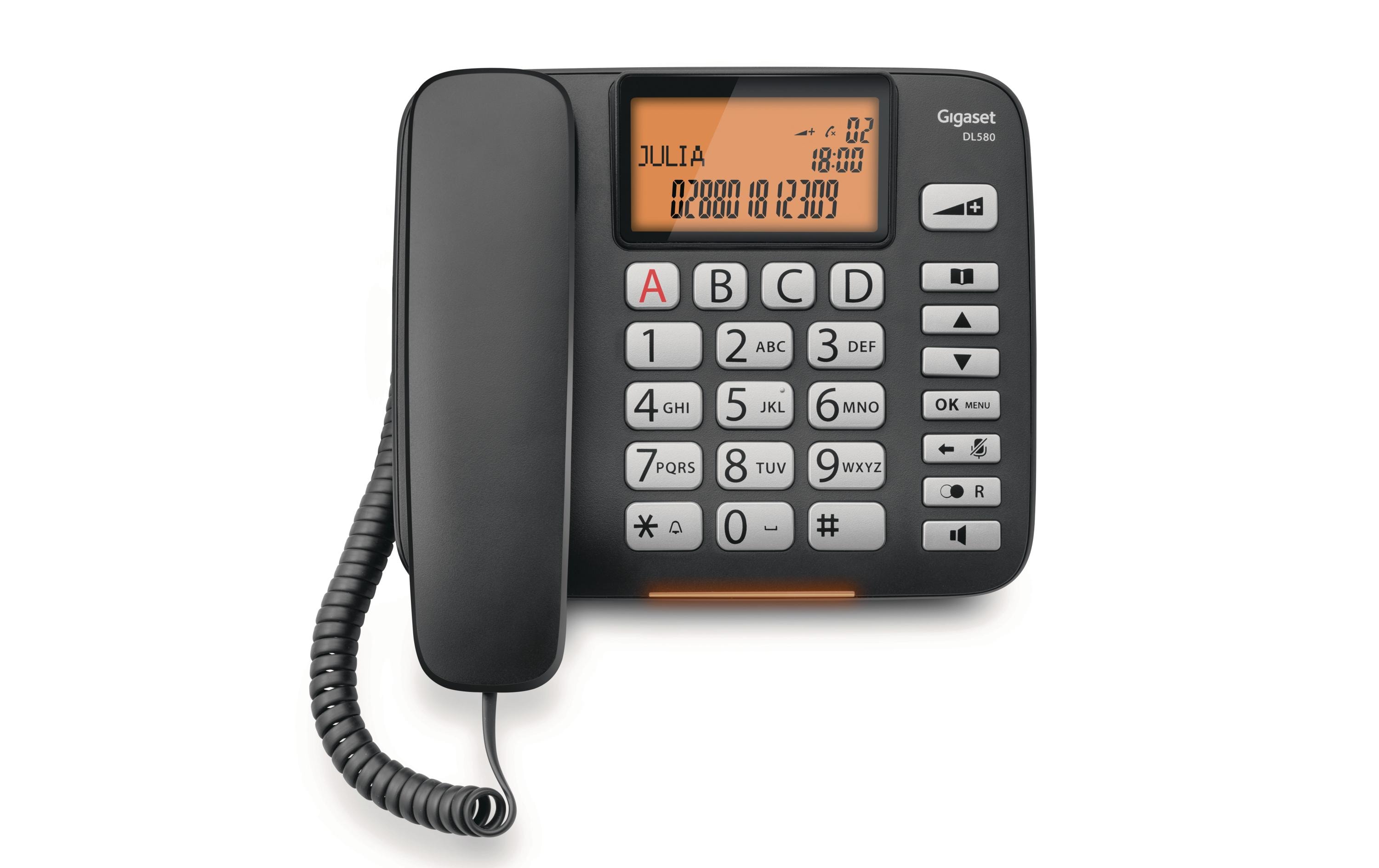 Tischtelefon DL580 SchwarzDas Komfort-Telefon mit grossen Tasten und beleuchtetem Display