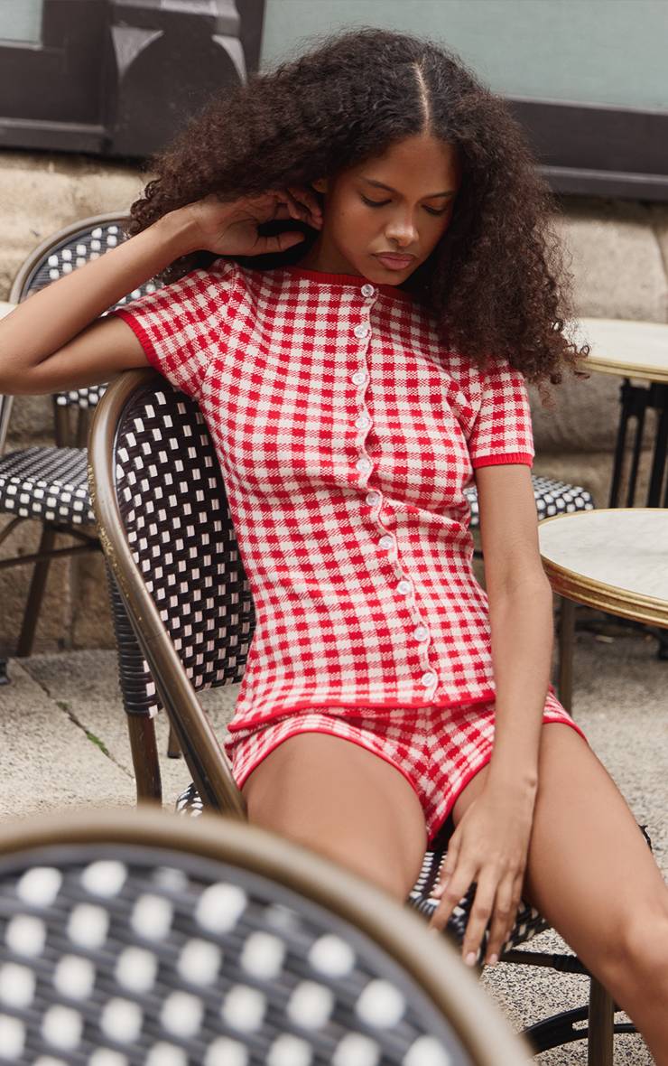Rouge Short Mini En Maille Jacquard Vichy