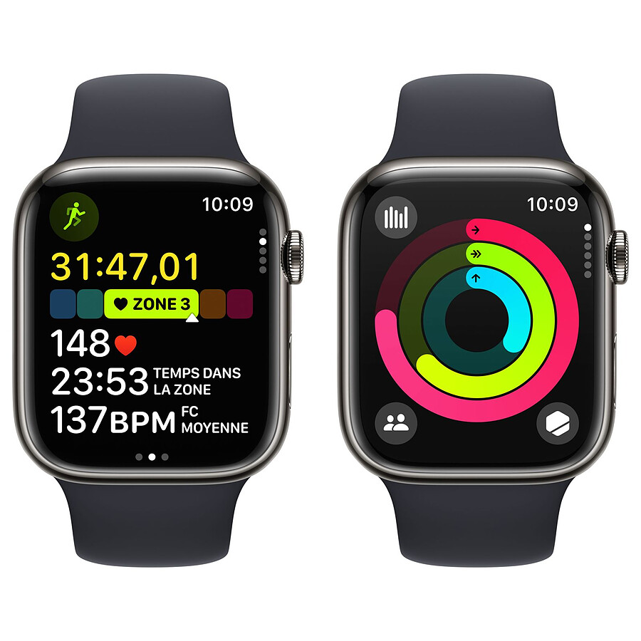 Apple Watch Series 9 GPS + Cellular - Acier Inoxydable Graphite - Bracelet Sport Band Minuit - 45 mm - Taille M/L