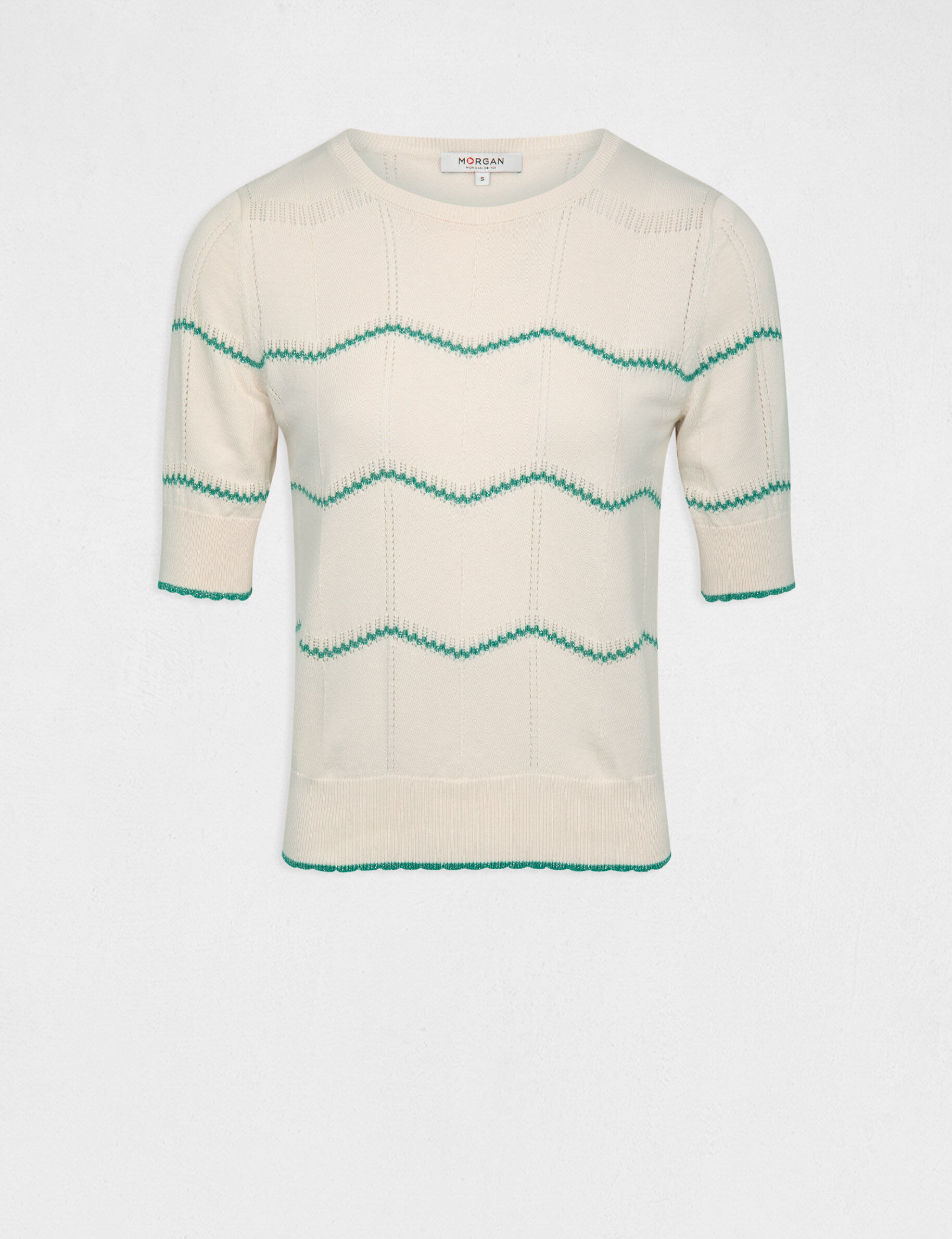 Pull manches courtes à rayures vert moyen femme - vert_moyen
