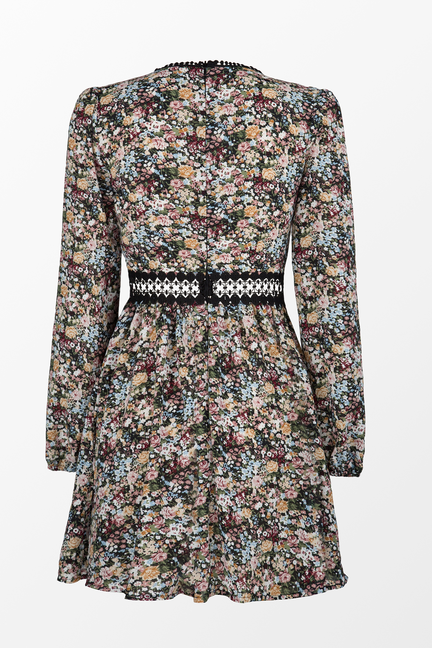 Robe mini en dentelle à pompons et imprimé floral