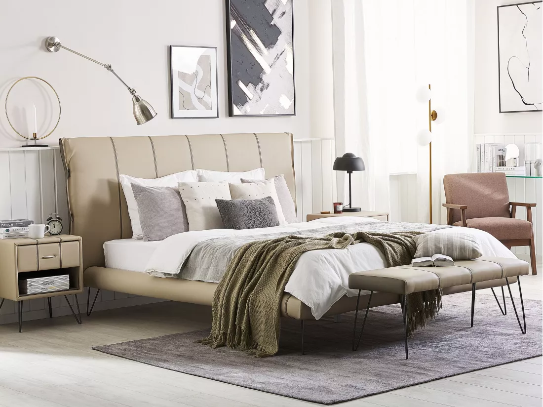 Ensemble de chambre Cuir PU BETIN 180 x 200 cm Beige sable