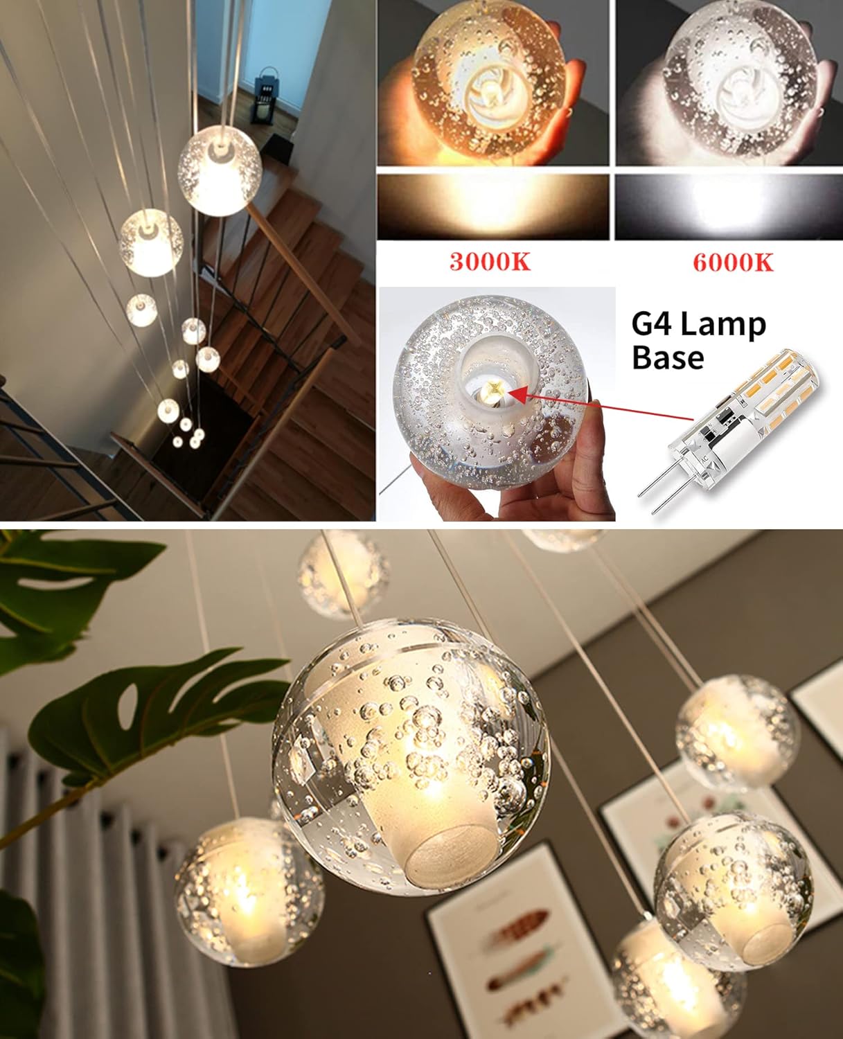 H.W.S LED Pendelleuchte Glas Kristall Hängeleuchte Lüster Dekoratives Kronleuchter Modern Pendellampe für Villa Treppe Wohzimmer Esszimmer Schlafzimmer Innenleuchte(14-Flamming, Square)