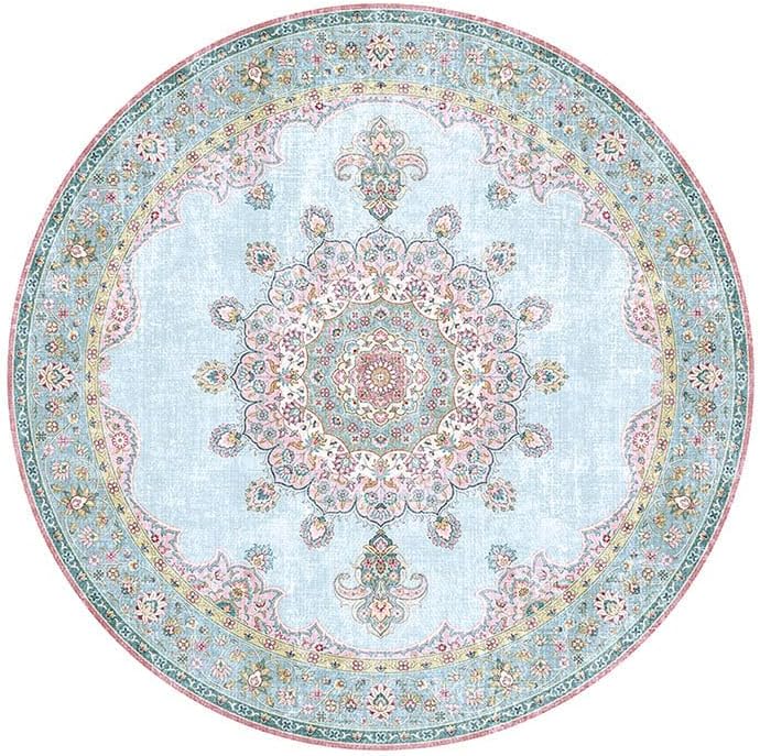 FRAAI | Home & Living Teppich Vintage Rund - Lily Medaillon Hellblau Türkis - Baumwolle, Polyester - Flachgewebe - Vintage - Wohnzimmer, Esszimmer, Schlafzimmer - Carpet