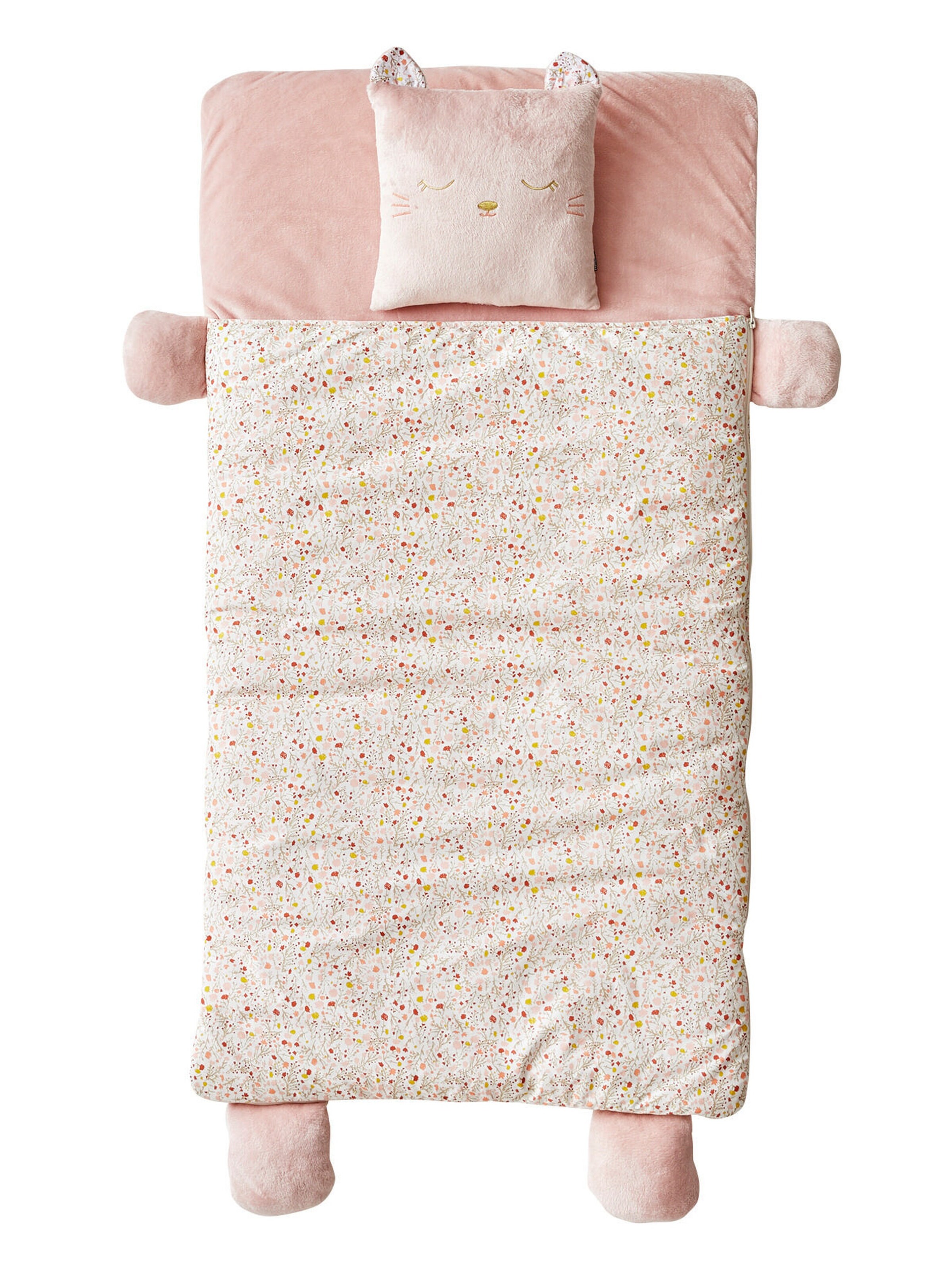 Vertbaudet Kinder Schlafsack KATZE mit Kissen rosa geblümt/katze