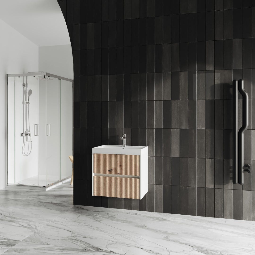 60cm onderkast in gouden eiken groefafwerking en wastafel - wandmontage | Cortina