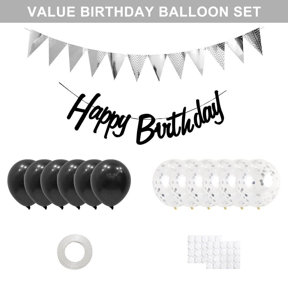 (14-tlg. Set) Happy Birthday Geburtstags Girlande Party Deko Banner inkl. Konfetti Ballons   Wimpelkette - Schwarz / Silber