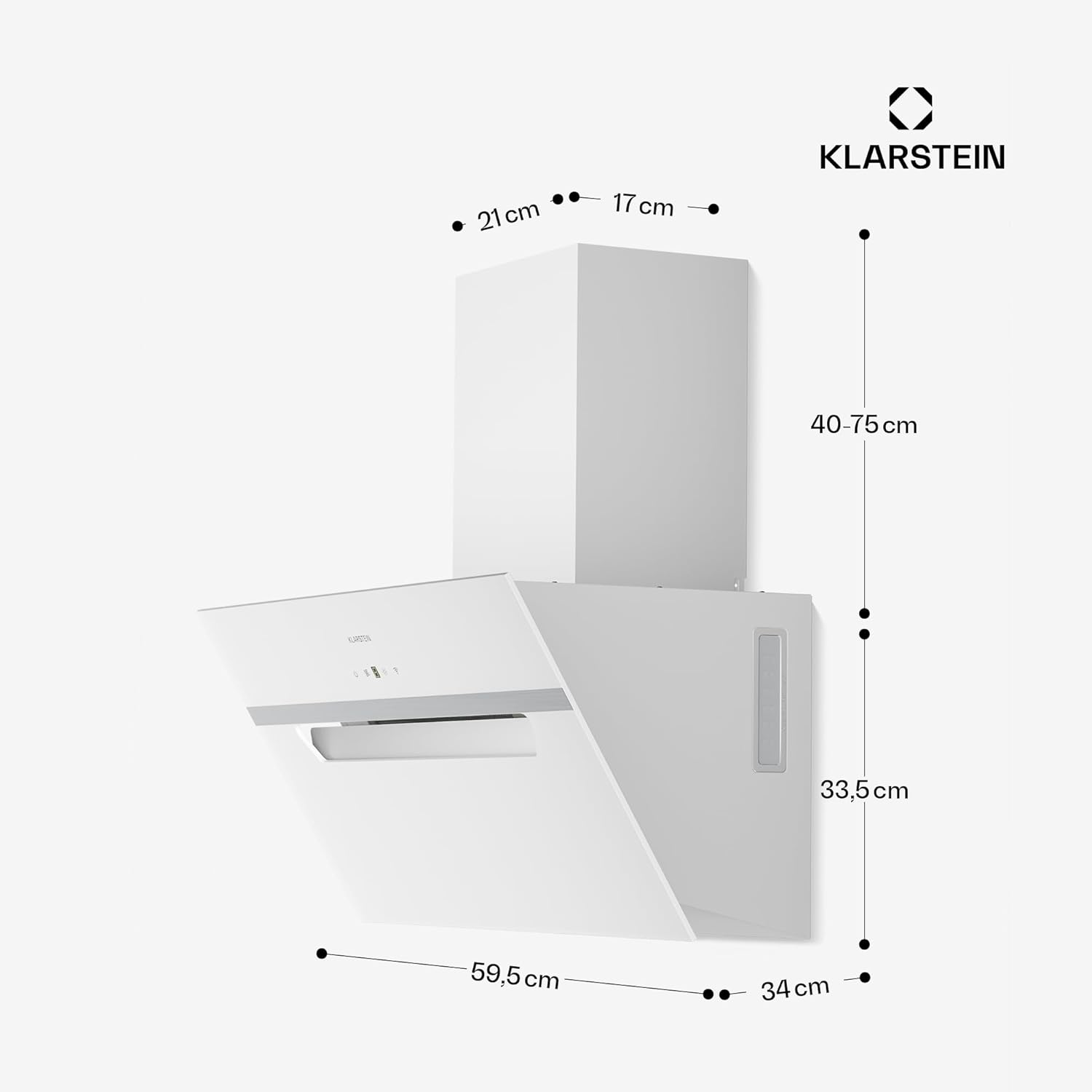 Klarstein BigBite Kopffreihaube - 60 cm Abzugshaube, 417 m³/h Boost, Touch-Bedienung, LED, A+++, Umluft & Abluft, leise, Glasdesign, 3 Stufen, inkl. Aktivkohlefilter, Weiß