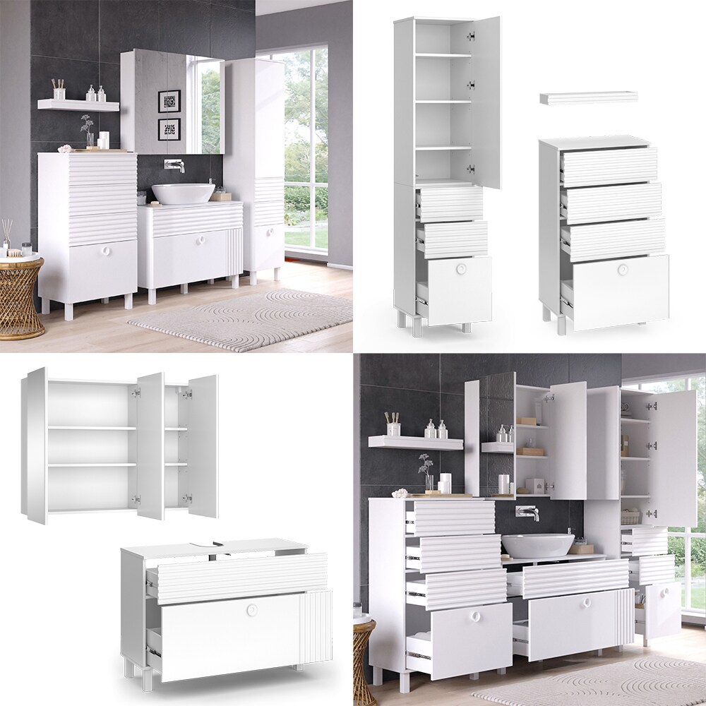 Vicco Badmöbel-Set Sola Weiß matt, moderne Serie, Badezimmer, dekorative Front Waschtischunterschrank Spiegelschrank Midischrank Hochschrank