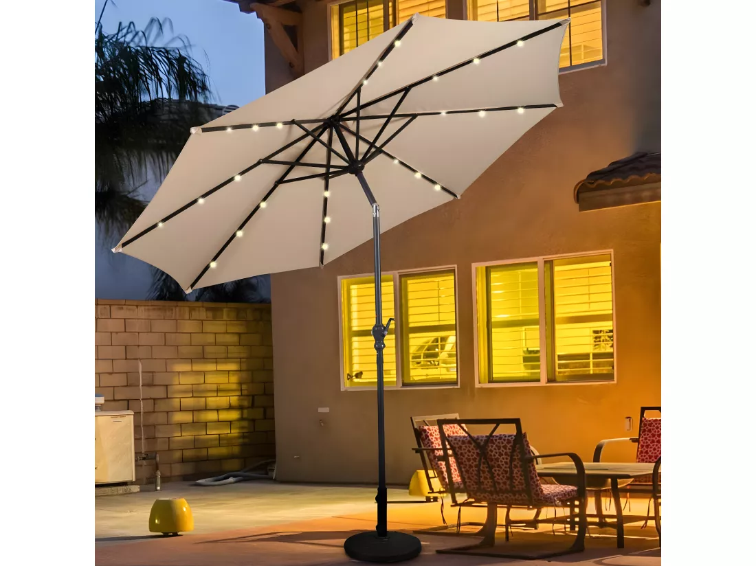 parasol de jardin inclinable 3m avec éclairage 24 led lampe solaire - beige-base non-incluse