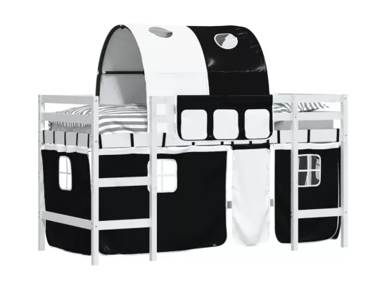 Lit mezzanine enfants et tunnel blanc/noir 90x200 cm pin massif