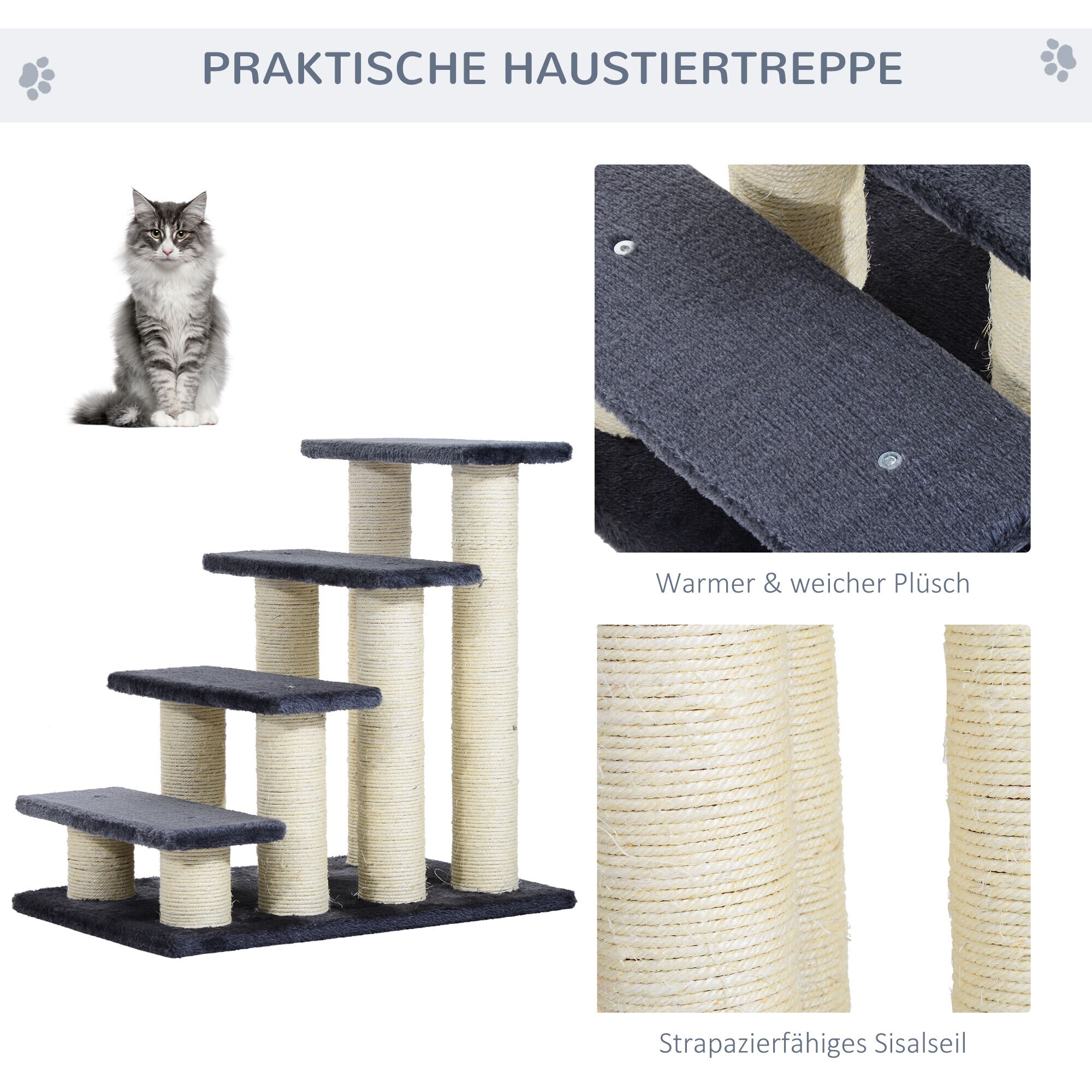 PawHut Katzentreppe mit 4 Stufen grau 60 x 42 x 61 cm (LxBxH)