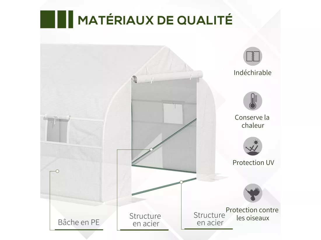 Serre tunnel de jardin dim. 5,93L x 3l x 2H m porte + 8 fenêtres enroulables acier galvanisé bâche PE haute densité blanc