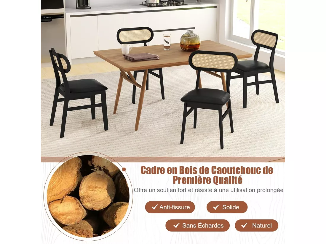 Chaise Salle a Manger Lot de 2, Chaise Salle a Manger Bois d'Hévéa, Dossier Rotin Cannage, Siège Rembourré en Similicuir, Chaise en Bois Salle a Manger pour Salon, Cuisine (Noir)
