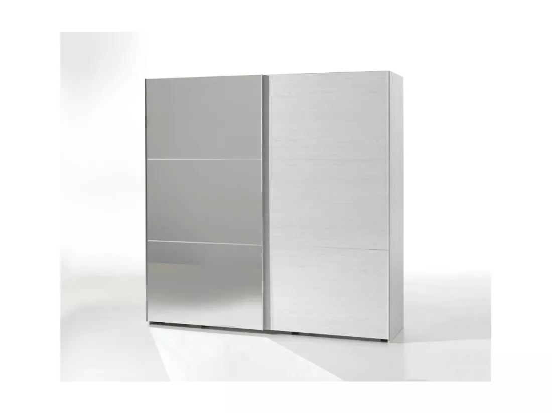 Chambre à coucher adulte collection OLGA : Armoire 250cm, Lit 180x200, commode, chevets. Couleur blanc effet bois.
