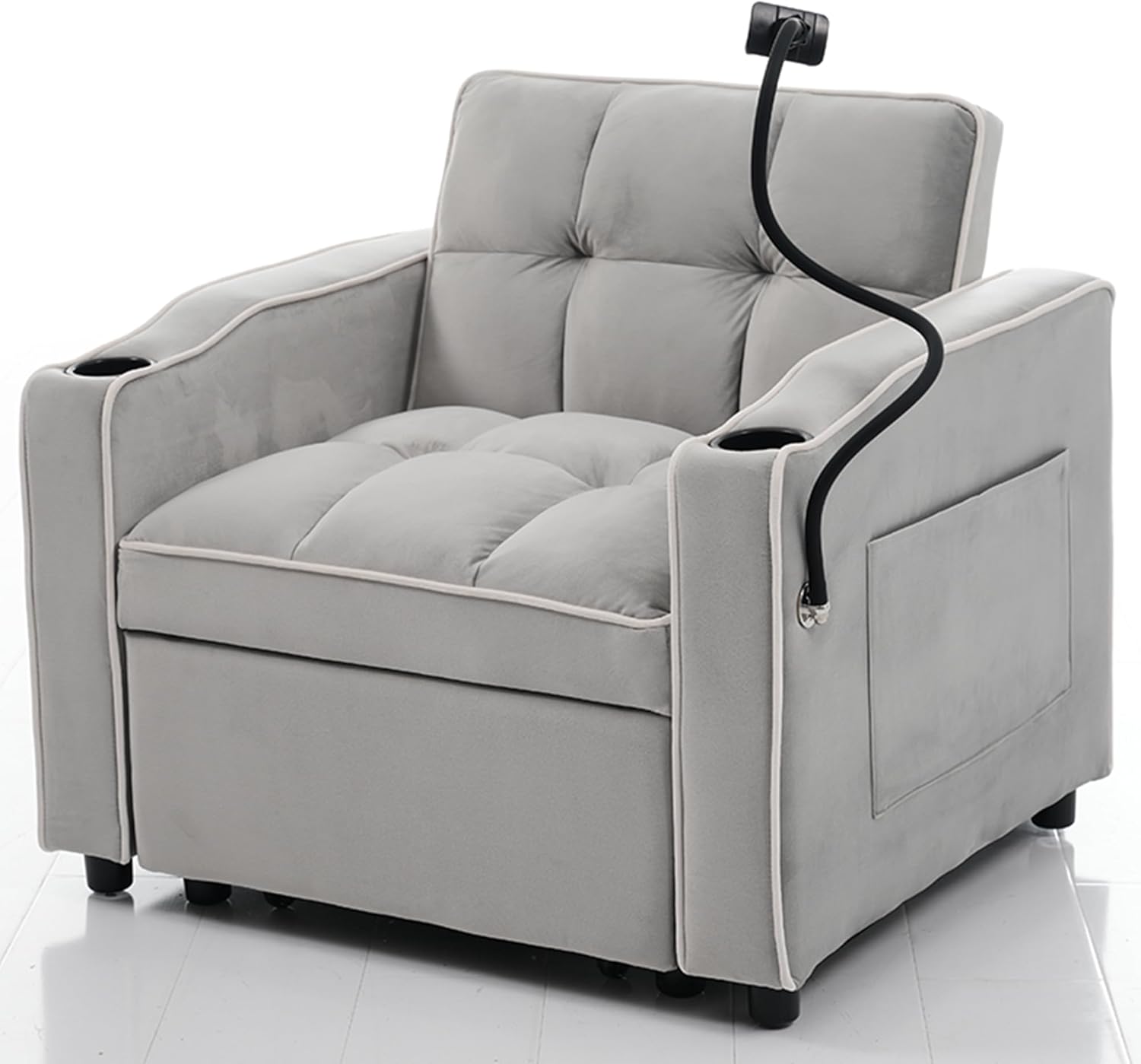 3-in-1 Ausziehbares Einzel-Schlafsofa – Mit Getränkehaltern und Handyhalter, Sofa-Liegestuhl, Schlafstuhl, Sessel, Perfekt für kleine Räume,83 * 167 * 76cm,Antikgrau-Weiß
