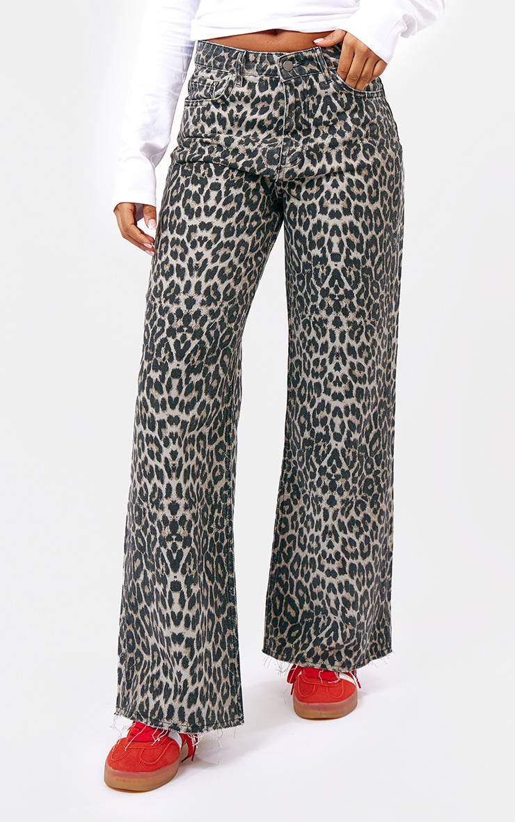 Marron Jean Denim Large À Imprimé Léopard