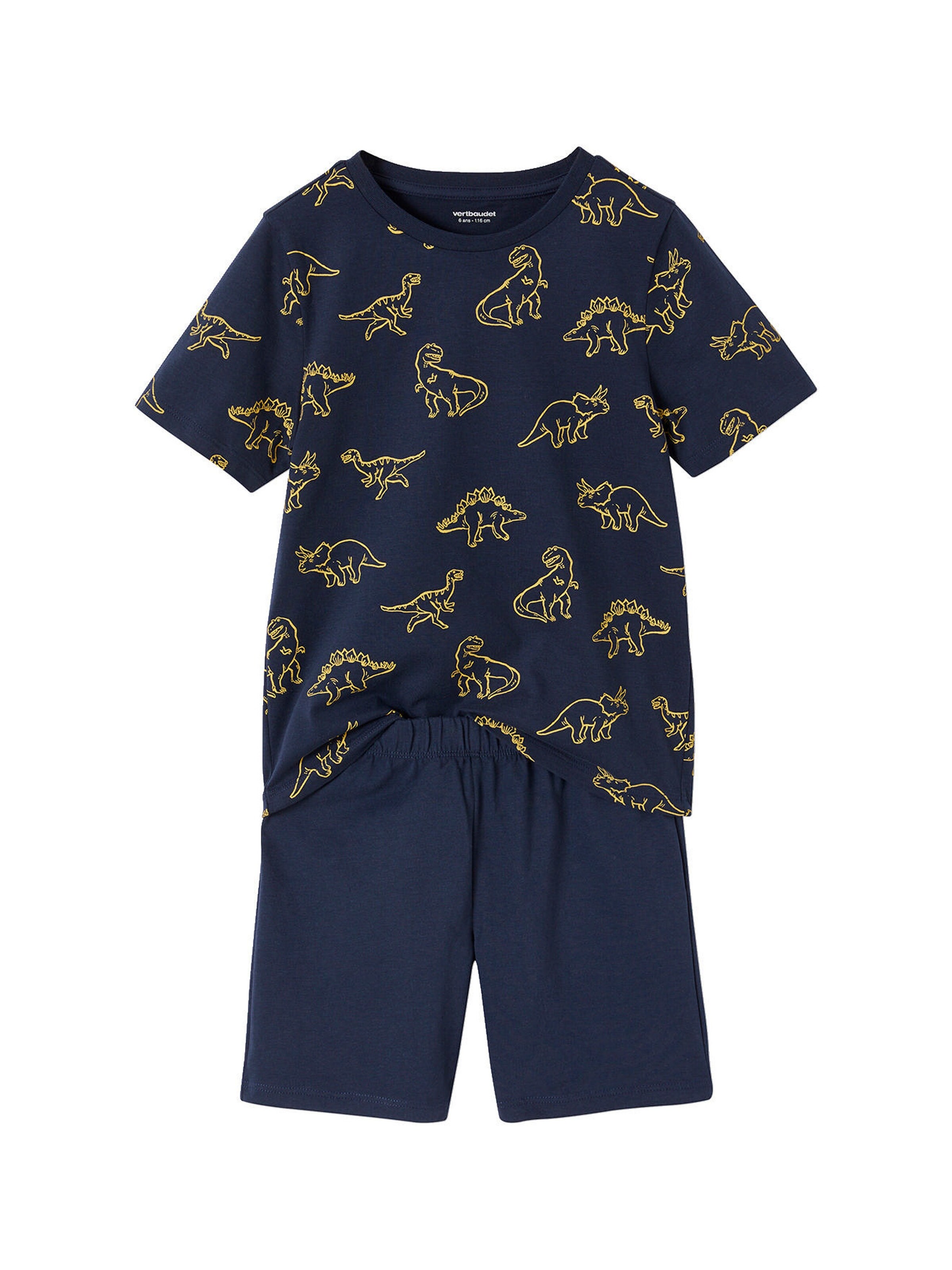 Vertbaudet 2er-Pack kurze Jungen Schlafanzüge mit Dinos nachtblau+gelb