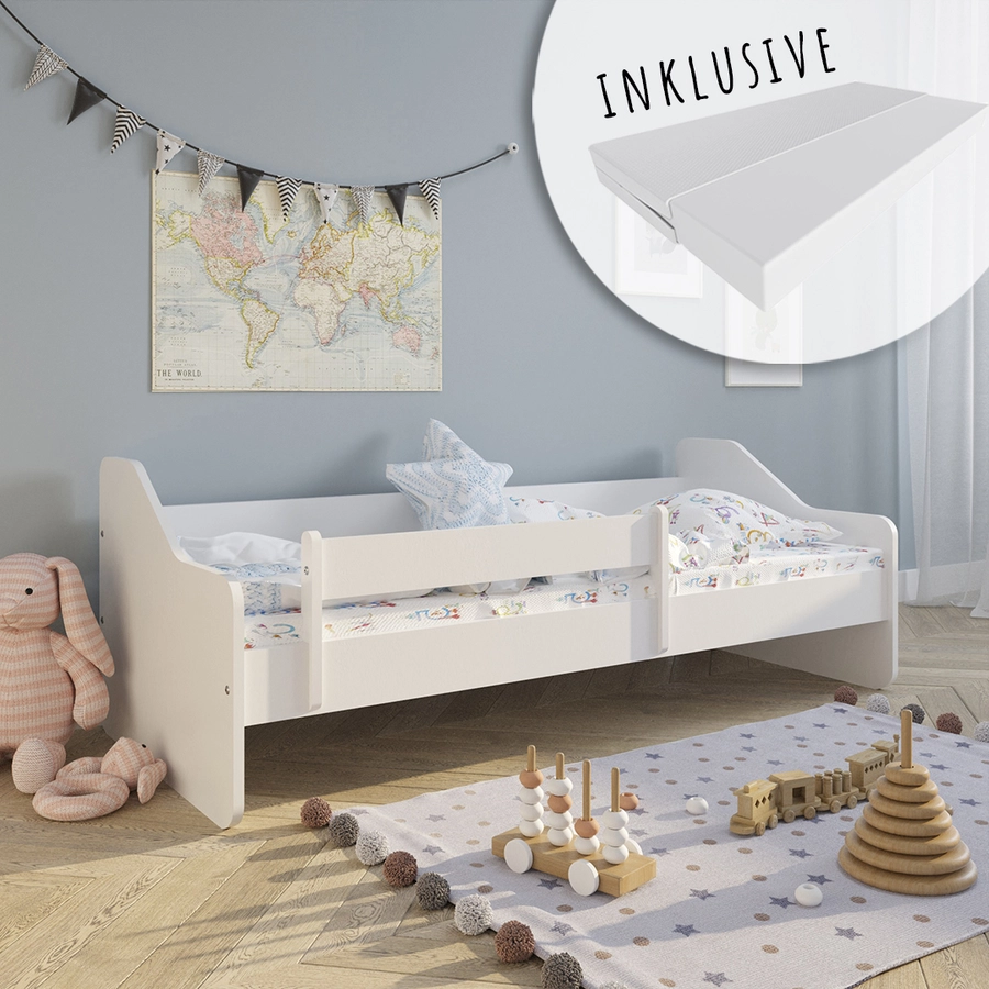 Kids Collective Kinderbett 80x160 | 80x180 cm mit Rausfallschutz & Lattenrost weiß mit Matratze
