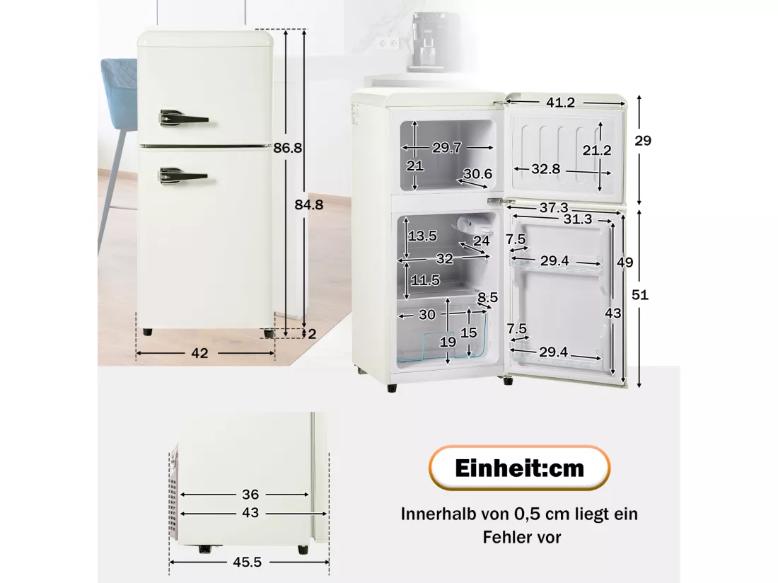 Réfrigérateur rétro. Réfrigérateur-congélateur combiné avec un volume total de 60 litres, un volume de congélateur de 22 litres