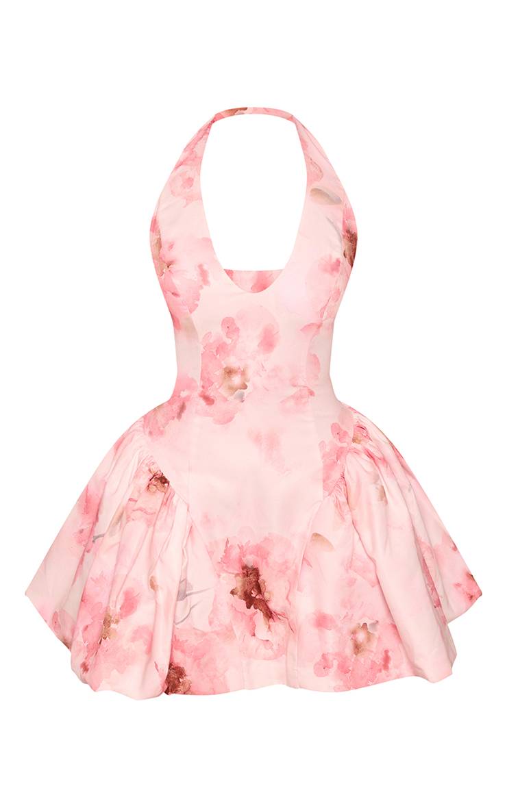 Rose Robe Mini Ajustée À Col Licou Plongeant En V Et Imprimé Floral