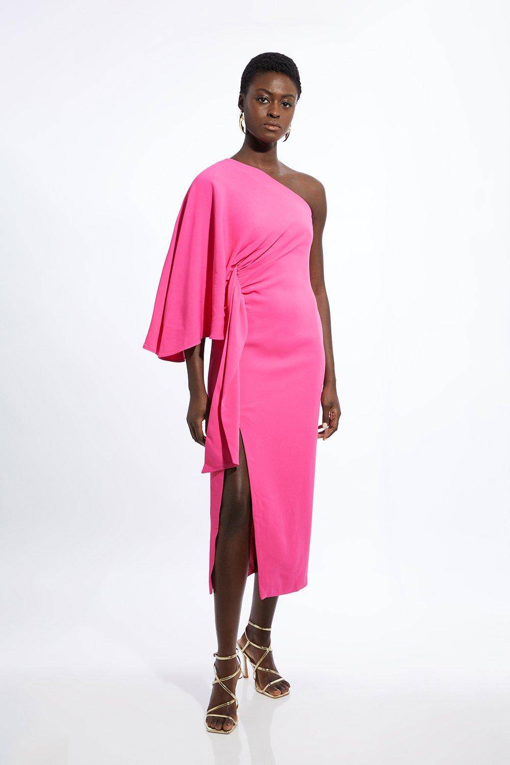 KarenMillen Robe maxi ajustée à une épaule, en viscose stretch compacte avec manches drapées