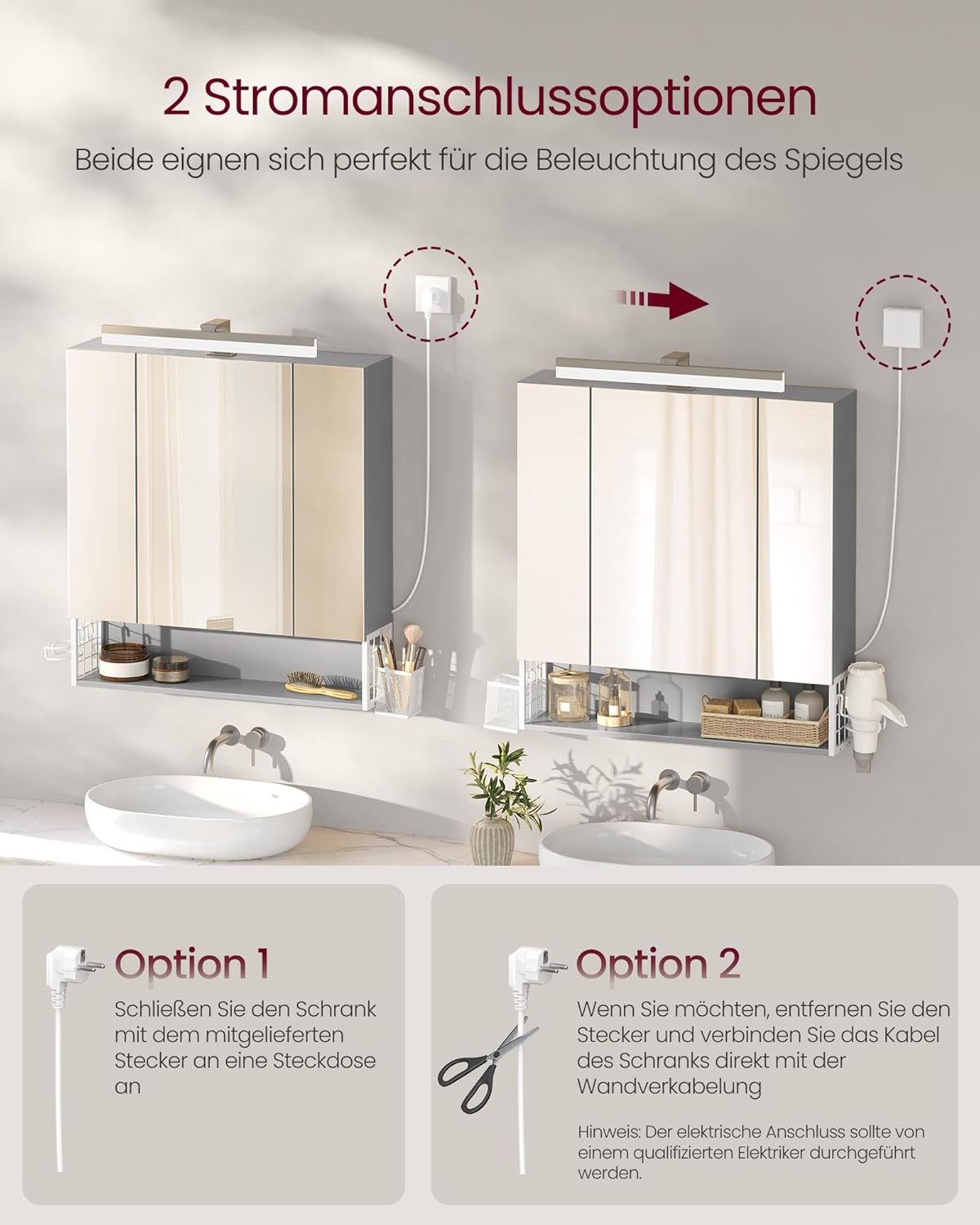 VASAGLE Spiegelschrank Bad mit Beleuchtung, 16,5 x 70 x 75 cm, Steckdosen, Hängekorb, Haartrockner-Halter, Spiegelschrank, Badschrank, Wandschrank, für Badezimmer, wolkenweiß-Taubengrau BBK126G01