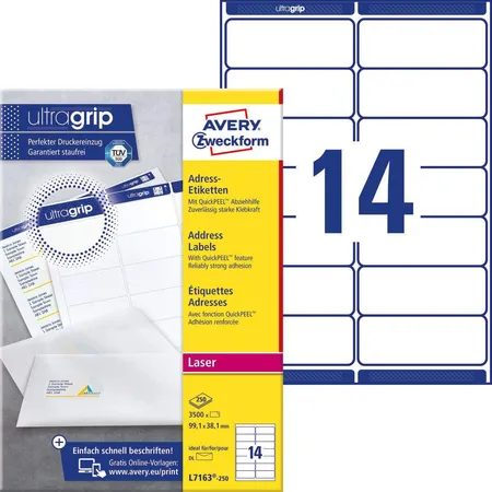 Avery Zweckform L7163-40 Adress-Etiketten,A4 mit ultragrip,99,1 x 38,1 mm, 40 Bogen/560 Etiketten, weiß