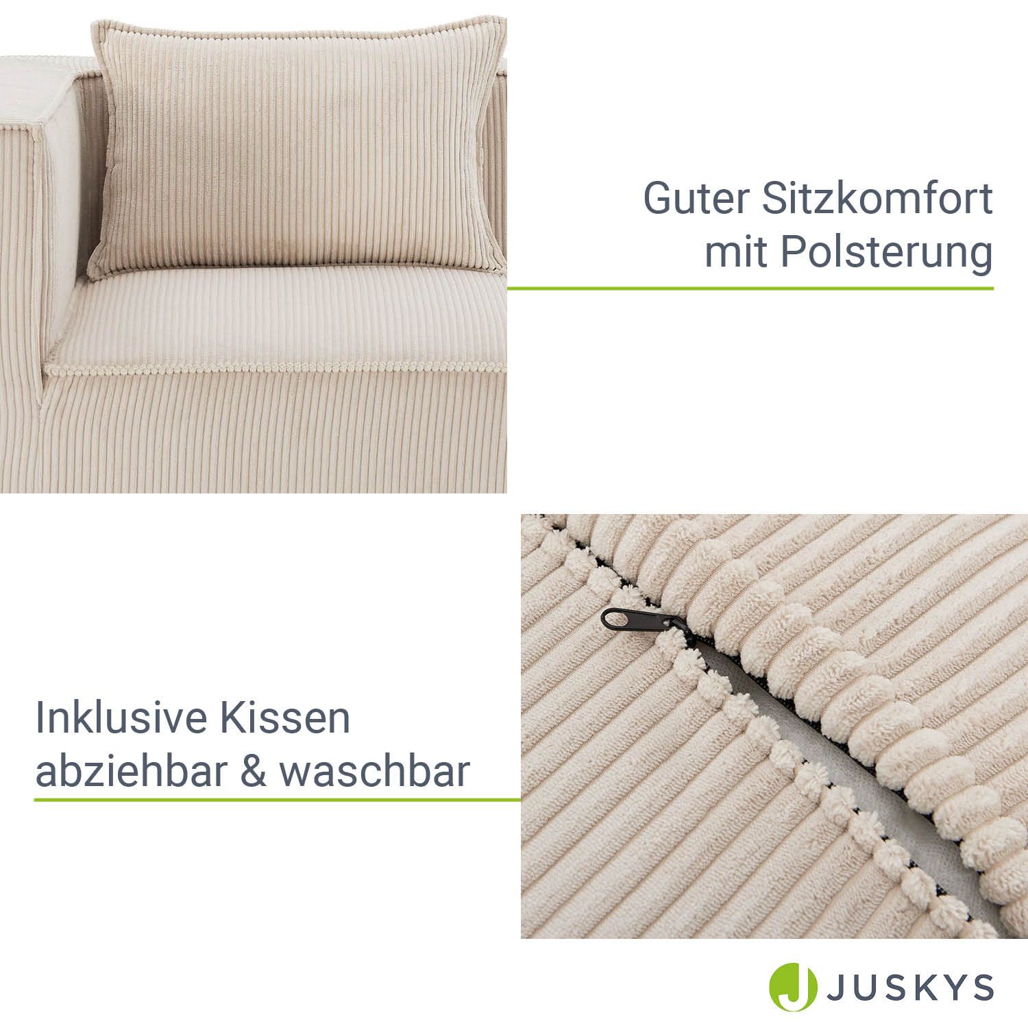 Juskys modulares Sofa Domas XXL - Couch Wohnzimmer - 2 Ottomanen, Lehnen & Kissen - Cord Beige