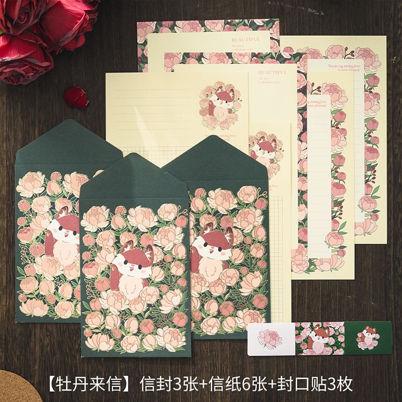 Schattige essentials - Set: Bloemenenvelop + Briefpapier (Diverse designs)