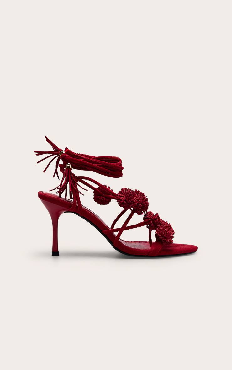 Rouge Sandales À Talons Hauts En Synthétique Avec Pompons Et Lacets