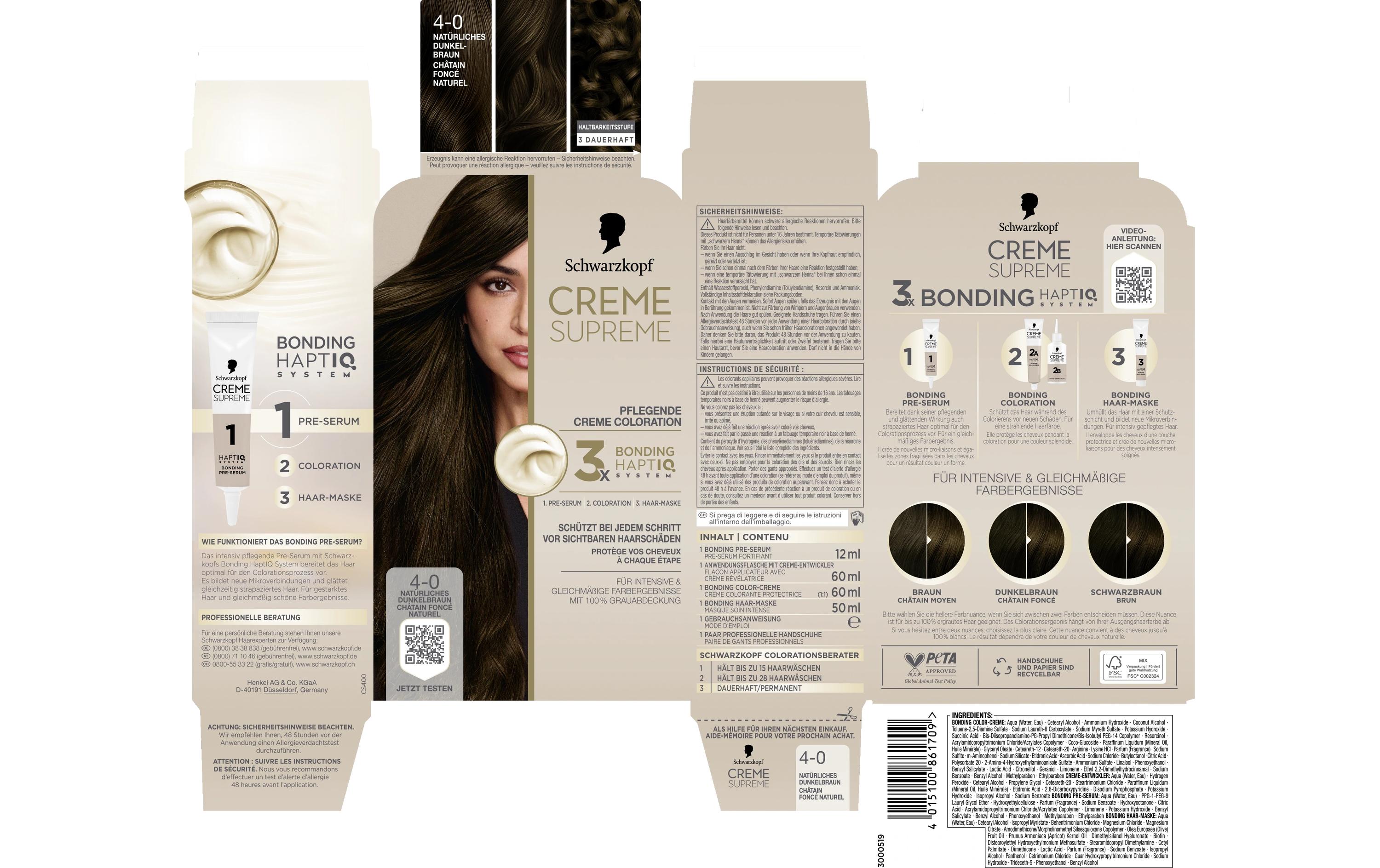 Haarcoloration Creme Supreme 4-0 Natürliches DunkelbraunColoration, schützt das Haar sichtbar vor Haarschäden