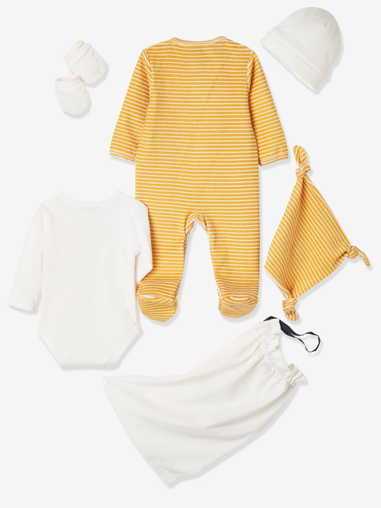 Conjunto para recém-nascido de 5 peças com bolsa e gatinho listrado em dois tons de azul escuro/multicolorido