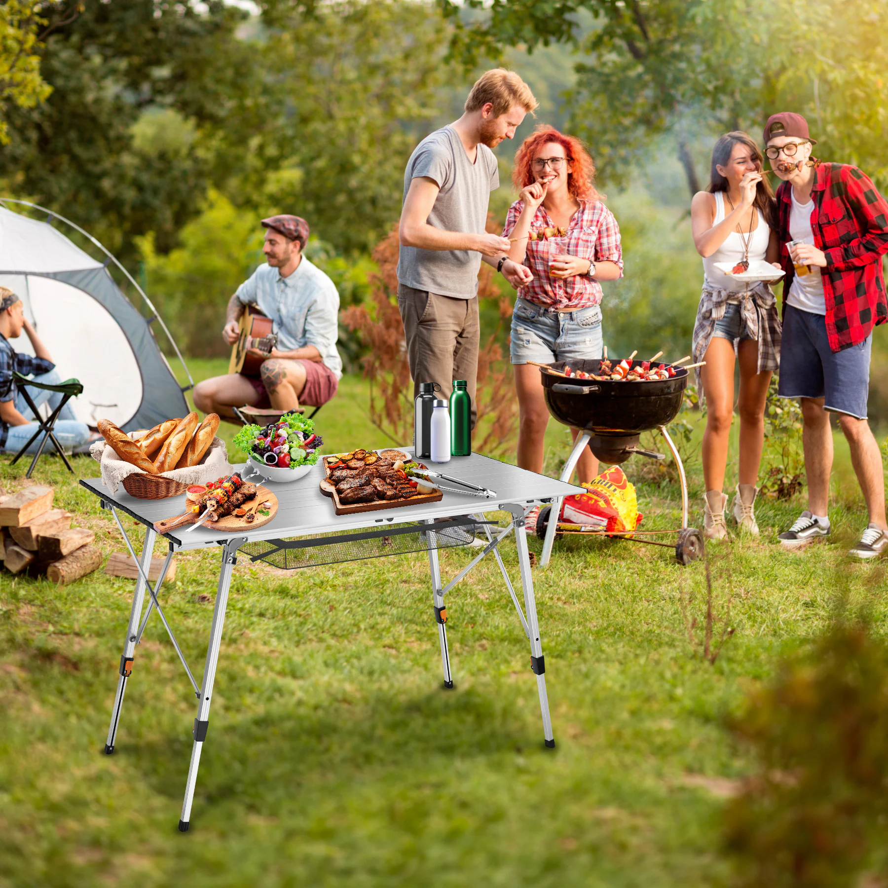 tectake® Campingtisch, faltbar, höhenverstellbar, 120 x 70,5 x 58 – 79 cm