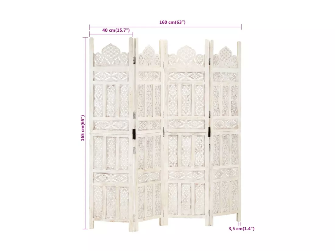 Cloison de séparation 4 panneaux Blanc 160x165 cm Bois manguier