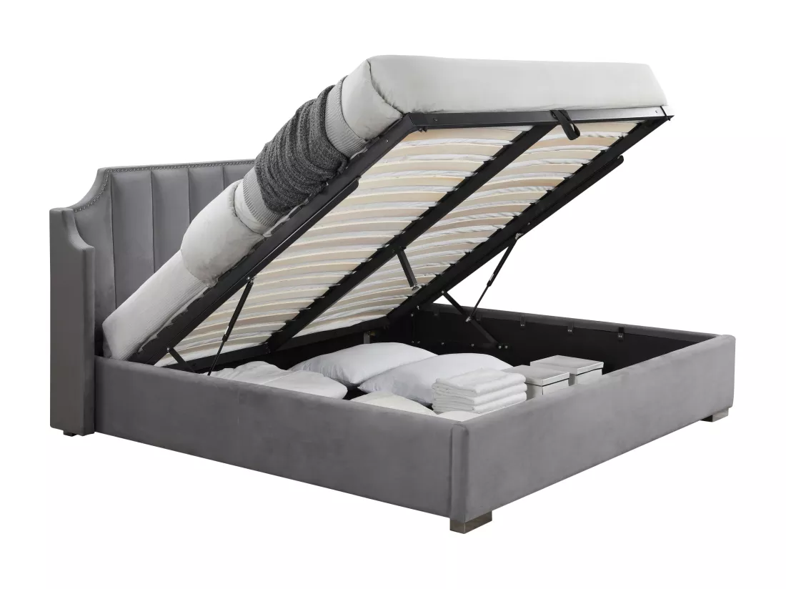 Lit coffre 180 x 200 cm avec tête de lit incurvée - Velours - Gris clair + Matelas - TEOMIS