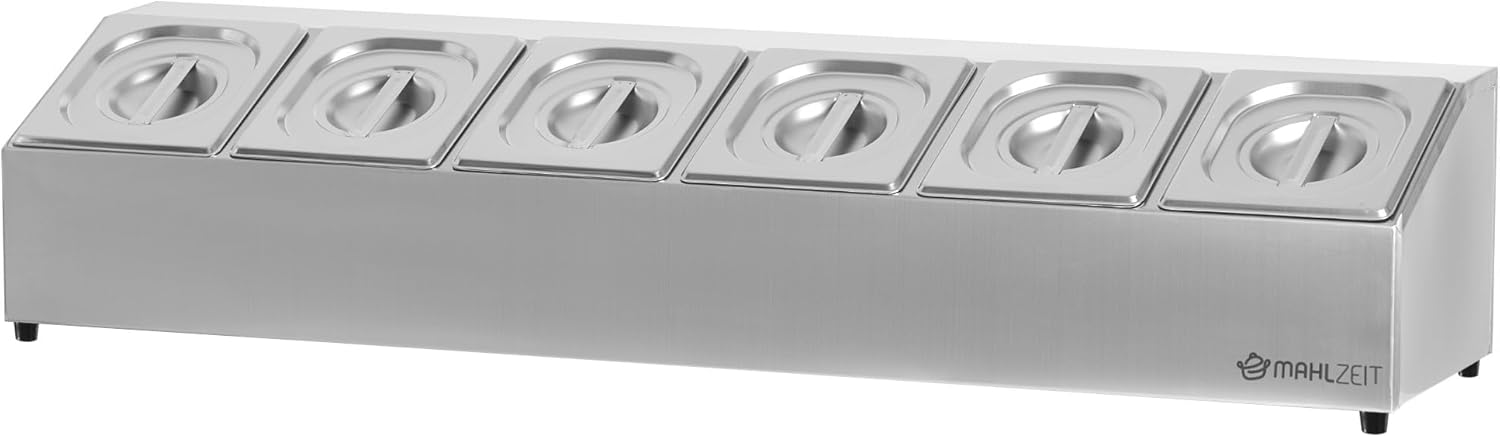 Mahlzeit Edelstahl Zutatenbehälter | 6 x 1/6 GN Catering Behälter mit Gummifüßen | 102,5 x 24,5 x 21,5 cm | Cocktail Zutatenbehälter Bar für Gastro, Küche, Pizza Station, Buffet Zubehör, Salatbar