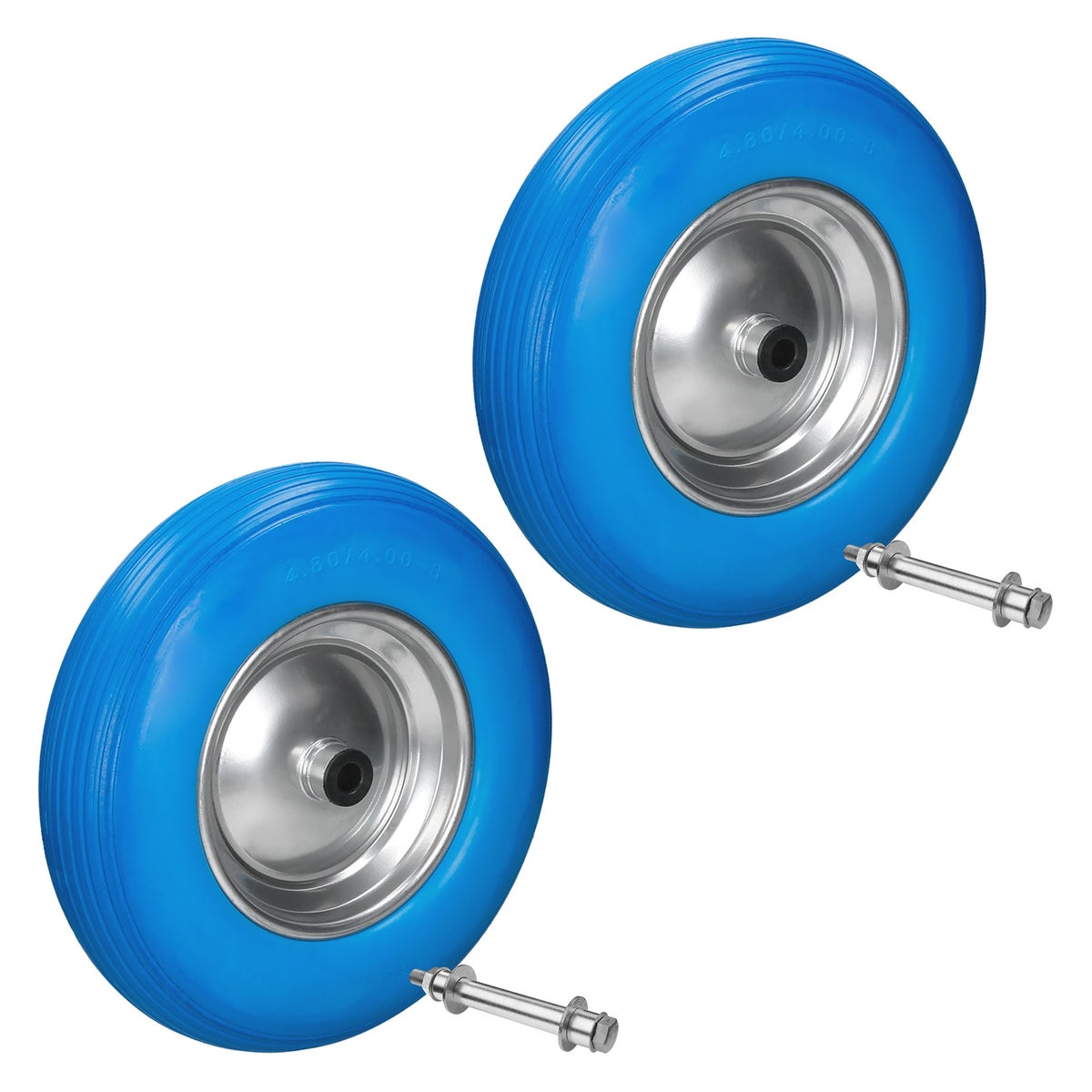 ECD Germany 2-delige set kruiwagenwielen van lekvrij massief PU-rubber, reservewiel met as, 4,80/4,00-8, 390 mm, blauw, 200 kg, band met stalen velg, PU-wielband voor kruiwagens en tuinkarren