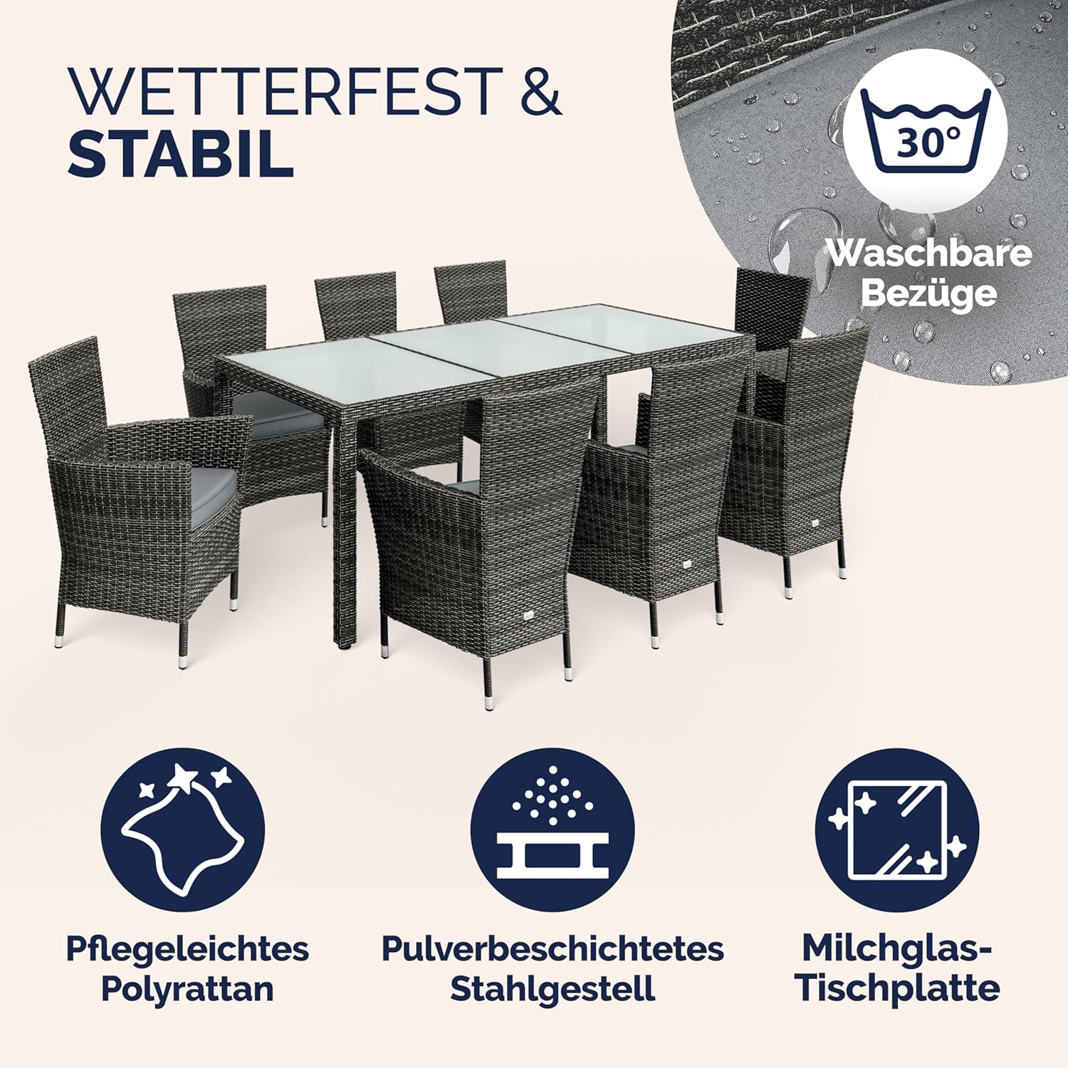 Casaria® Gartenmöbel Polyrattan 8 Stühle Stapelbar 190x90cm Gartentisch Glas Wetterfest Outdoor Modern Terrasse Sitzgruppe Essgruppe Garnitur Set Grau