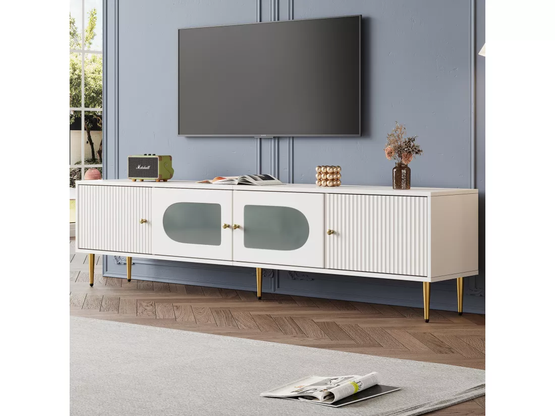 Meuble TV élégant blanc verre courbé avec pieds et poignées dorés 2 portes 170*35*50cm KACCIEN